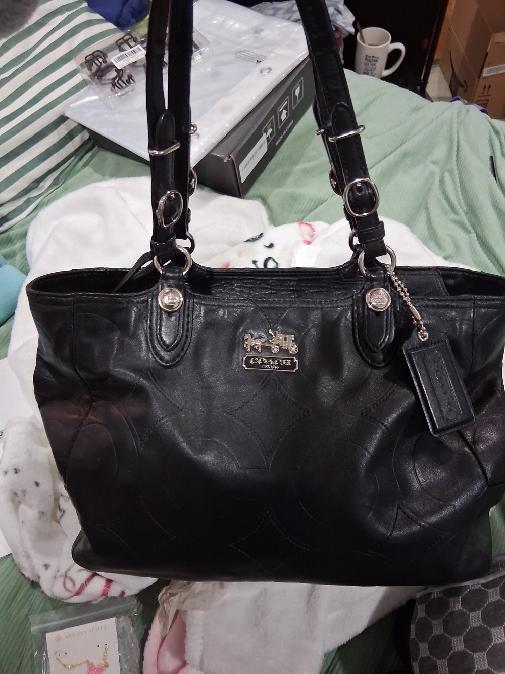 Coach Black Leather Quilted Shoulder Tote with Silver Hardware
